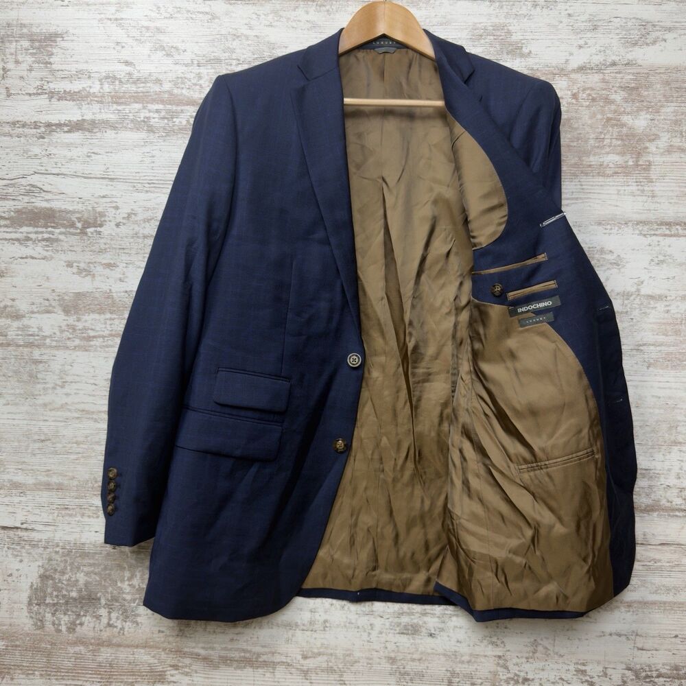 Indochino Luxury Wool Cashmere Blazer Suit Jacket Size 40L Blue Plaid Soho 54